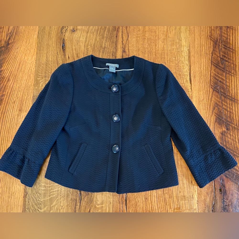 Ann Taylor Petites Classic Navy Blue Lined Blazer, Fun Buttons & Sleeves, Sz 0P